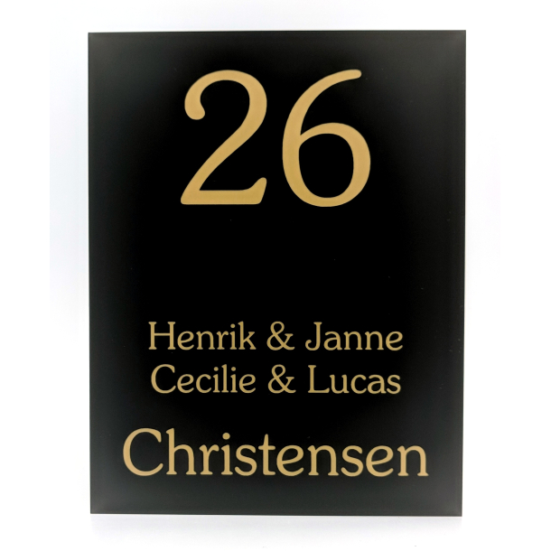 D�rskilt i akryl sort med mat guldfarvet tekst