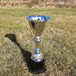 For�rspokal p� gr�s, 31 cm i s�lvlook med sort sokkel og mulighed for graveret sokkelskilt