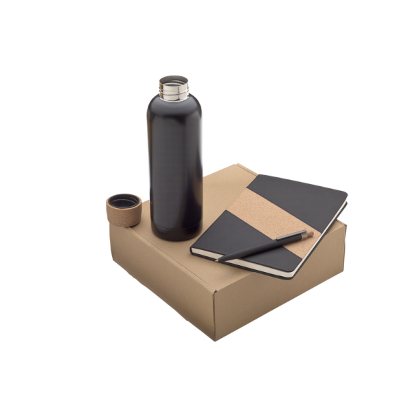 Sort termoflaske 500 ml med matchende A5 notesbog og kuglepen i gave�ske