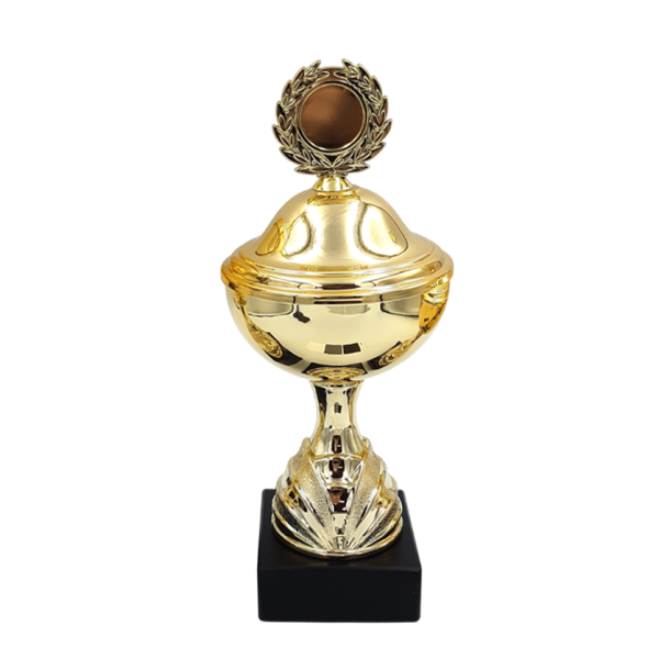 Guldbue guldpokal til 2. plads med l�g og emblemholder, 25 cm h�j, p� sort marmorsokkel
