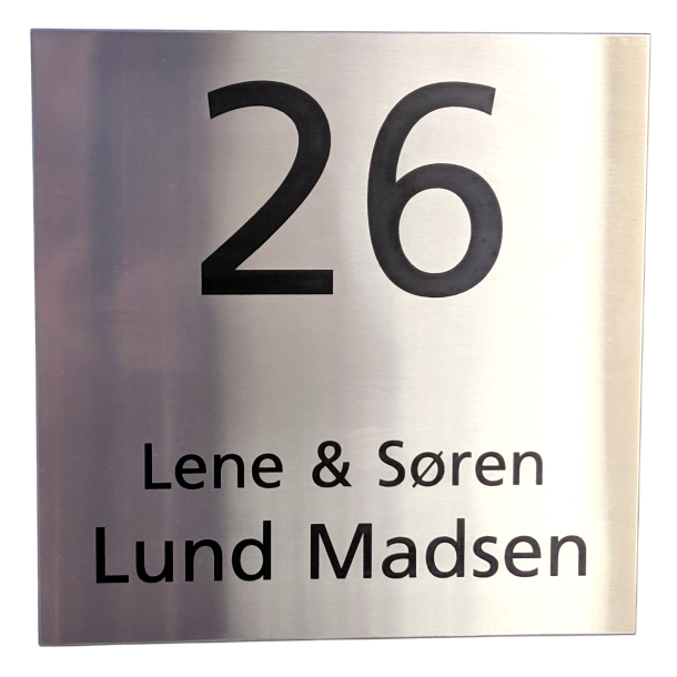 moderne rustfrit st�lskilt 200x200 mm med husnummer og navn