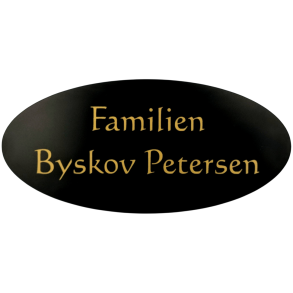 Elegant ovalt skilt i sort med guldfarvet tekst 70x150 mm