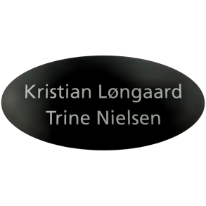 Elegant ovalt skilt i sort med s�lvgr� tekst 70x150 mm