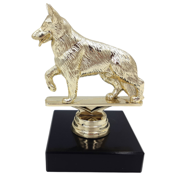 Pr�miestatuette med sch�ferhund p� marmorsokkel til hundekonkurrence