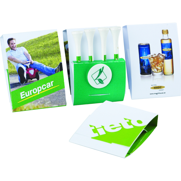 Golf tee med logo og papomslag matchbook i fuldfarvetryk