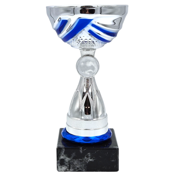 Blue Line pokal 20 cm &ndash; s�lv pokal med bl� detaljer og marmorsokkel