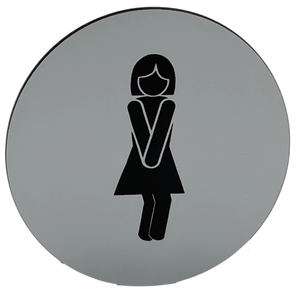 Rundt toiletskilt med piktogram Dame tr&aelig;ngende